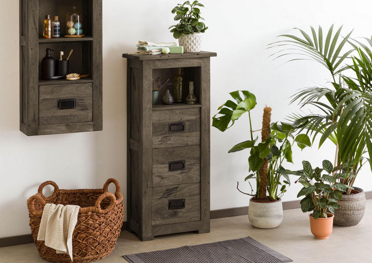 KOMMODE Mango 50x30x120 grau lackiert RAILWAY #281 - Grau, Holz (50/120/30cm) - Massivmoebel24