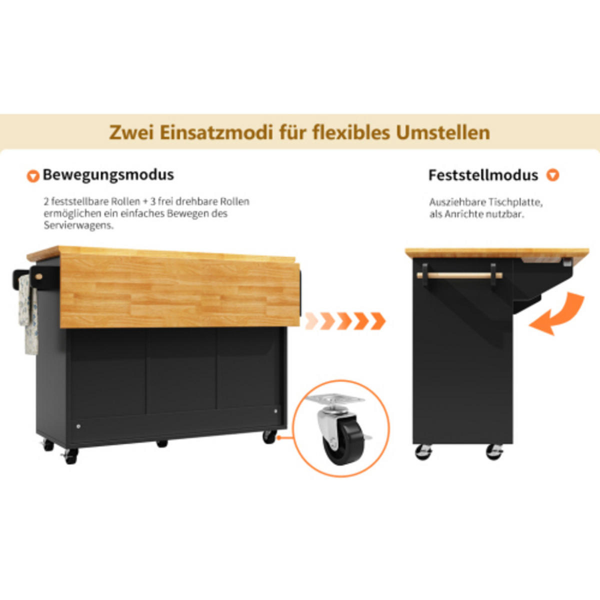 KÜCHENINSEL 120×45-73×93 cm ausziehbarer aus MDF und Metall mit viel Stauraum, schwarz - Schwarz, Holzwerkstoff (120/93/73cm) - Luhomfu