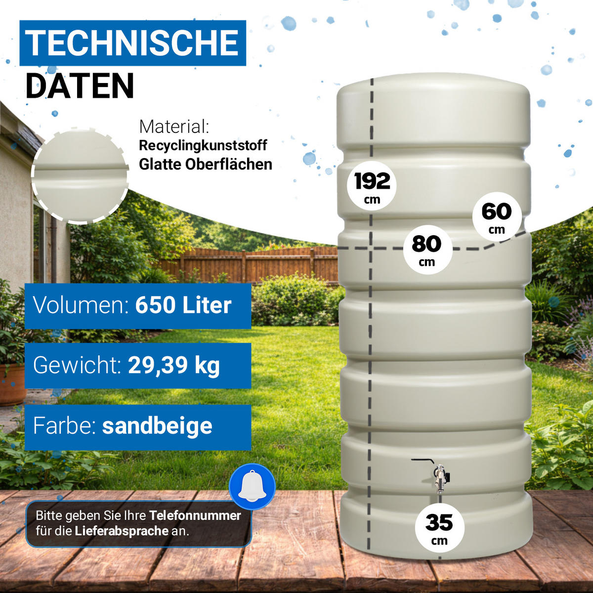REGENTONNE Wandtank Komplett-Set 650 L, sandbeige inkl. Chrom-Doppelauslaufhahn und Fallrohranschluss - Beige, Kunststoff (80/192/60cm) - 4rain