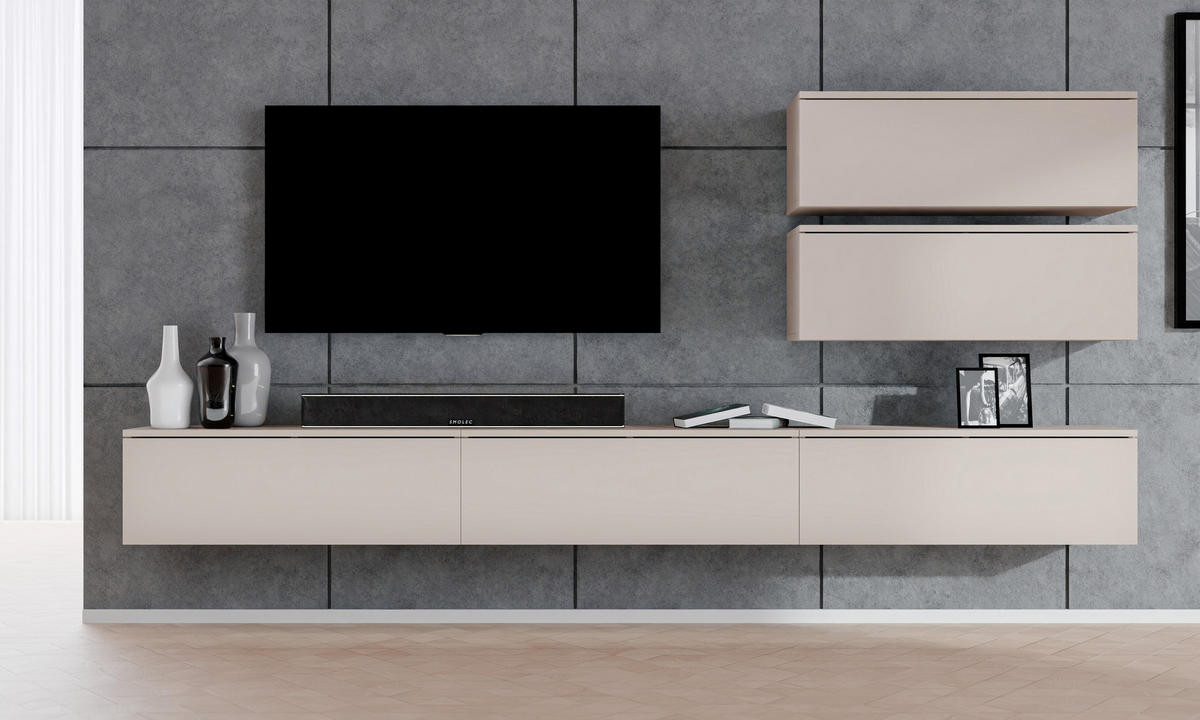 WOHNWAND Loriano V Beige, Kaschmir 300/102/32 cm Anbauwand - Beige, Holzwerkstoff/Kunststoff (300/102/32cm) - AX Living