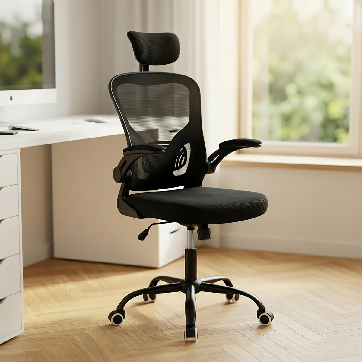 STOLIČKA Čierna kancelárska ergonomická - čierna, kov/textil (64/125/73cm) - Relaxdays