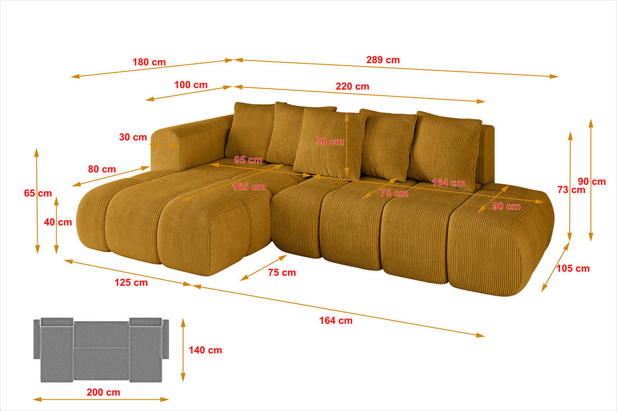 ECKSOFA Ottomane Links CLOUD-L-v1 289x180x40 Senfgelb Cord - Currygelb, Holzwerkstoff/Kunststoff (180/289cm) - ALTDECOR