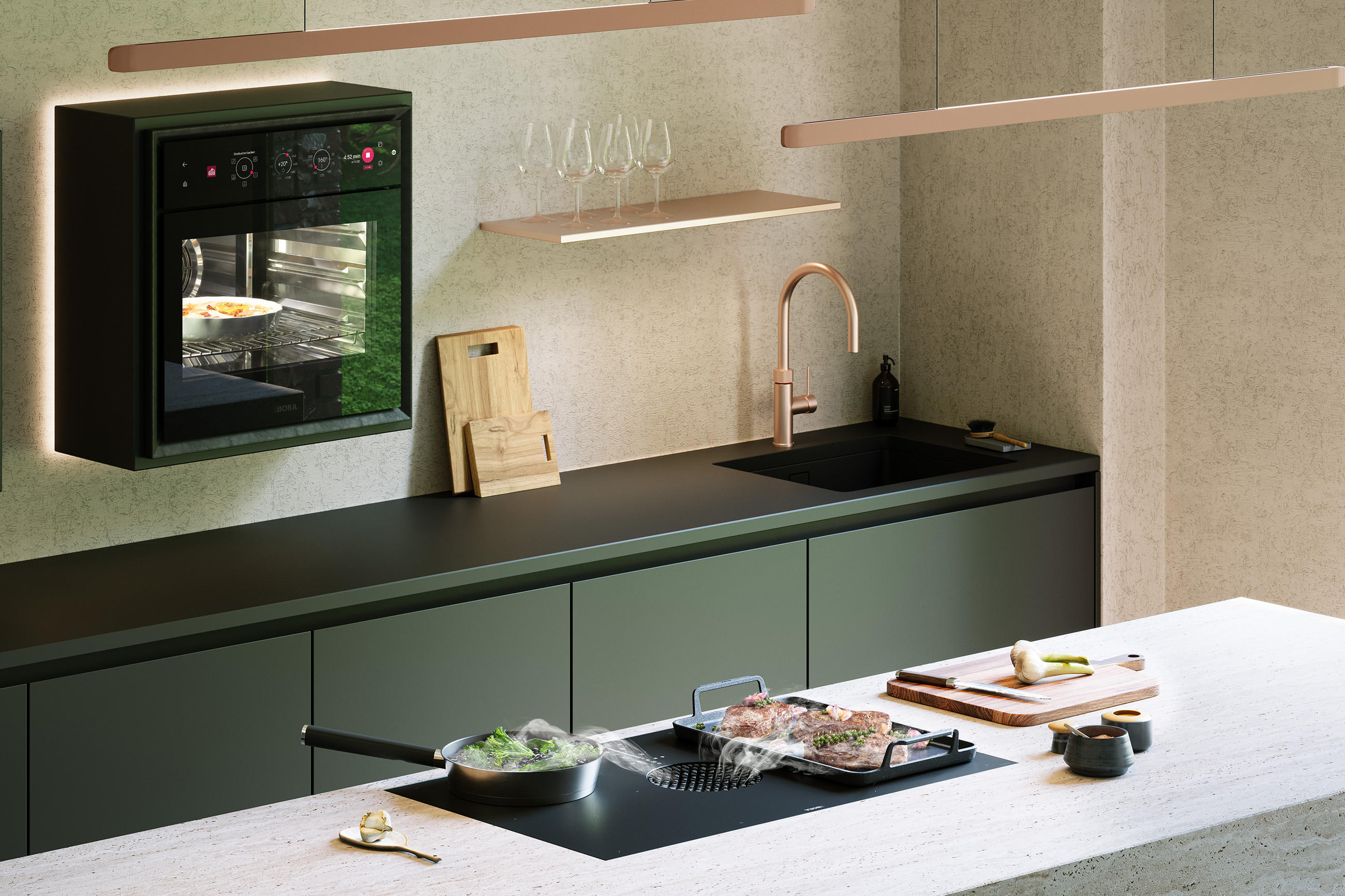 Detailansicht einer modernen Küche mit BORA Kochfeldabzug in der Kücheninsel, kochenden Speisen, schwarzer Arbeitsfläche, Spüle mit Armatur sowie integriertem BORA Einbaugerät an der Wand und minimalistischen Ablagen.