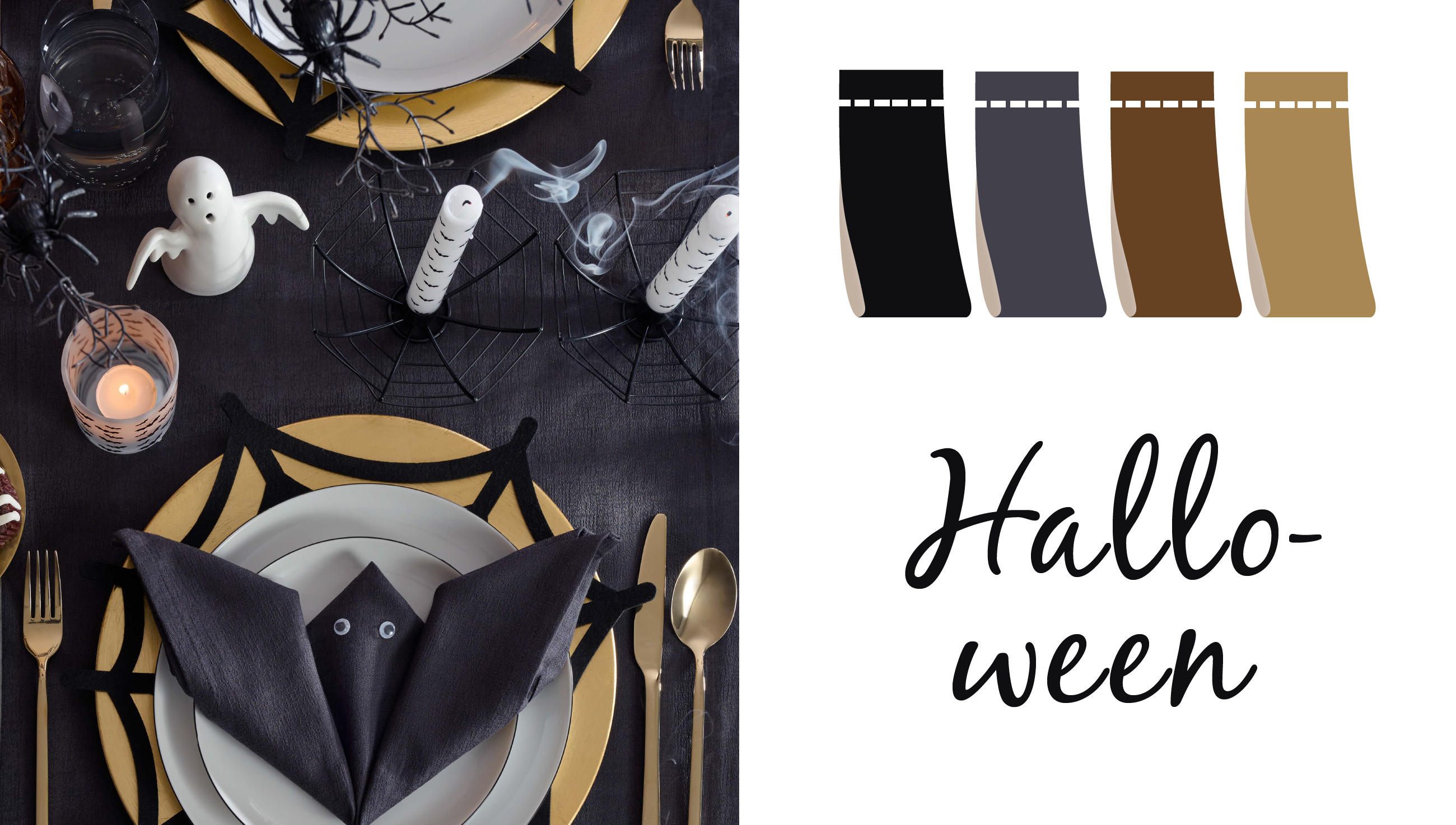 Halloween Farbkarte mit den Farben schwarz, grau, dunkelbraun und beige