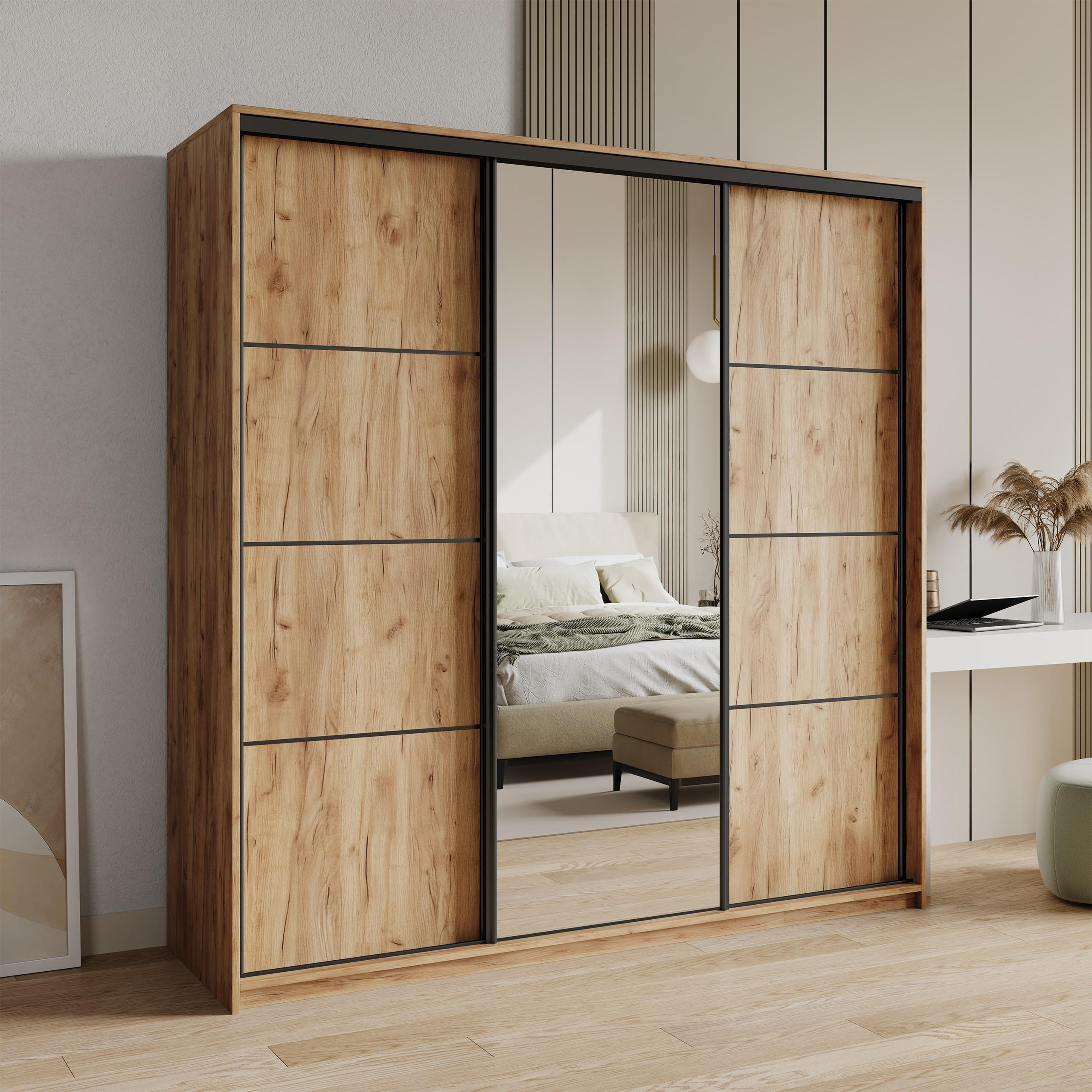 SCHWEBETÜRENSCHRANK VARO 180/205/60 cm 3-türig mit Spiegel und Schubladen Craft Eiche Gold - Schwarz/Orange, Holzwerkstoff (180/205/60cm) - MASSENO