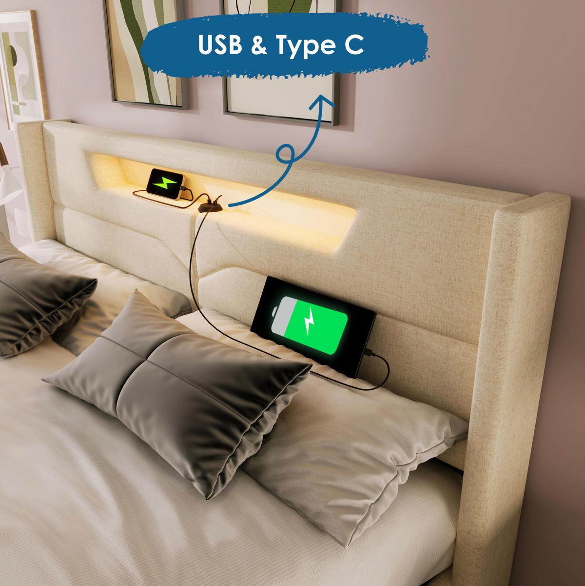 POLSTERBETT 160/200 cm mit LED-Beleuchtung, USB- und Type-C-Anschluss sowie Bettkasten, Beige - Beige, Textil (160/200cm) - Redom