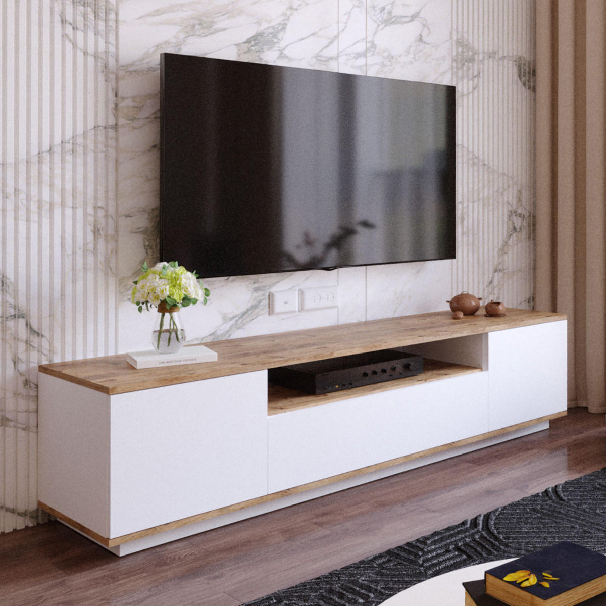 TV-BOARD - 180cm x 44.5cm - Holzspan - naturfarben hell, weiß - LOTULA - Naturfarben, Holz (180/44.6/44.5cm) - Vente-Unique