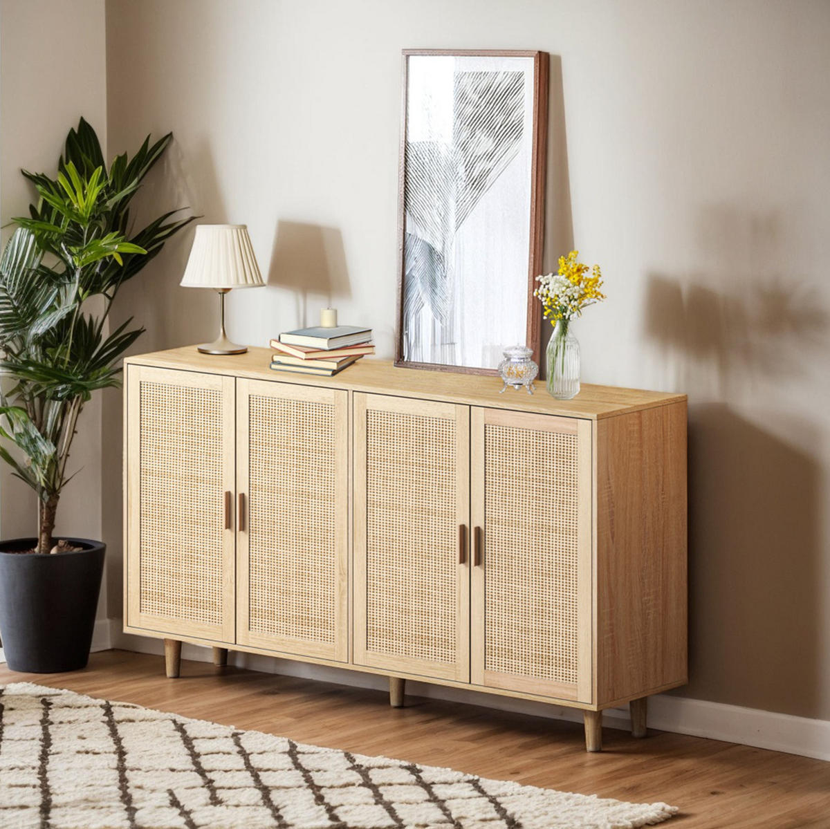 SIDEBOARD aus Spanplatte 158x40x88 cm Natur mit 4 Rattantüren und verstellbarem Einlegeboden - Naturfarben, Holzwerkstoff (158/88/40cm) - IVMEU