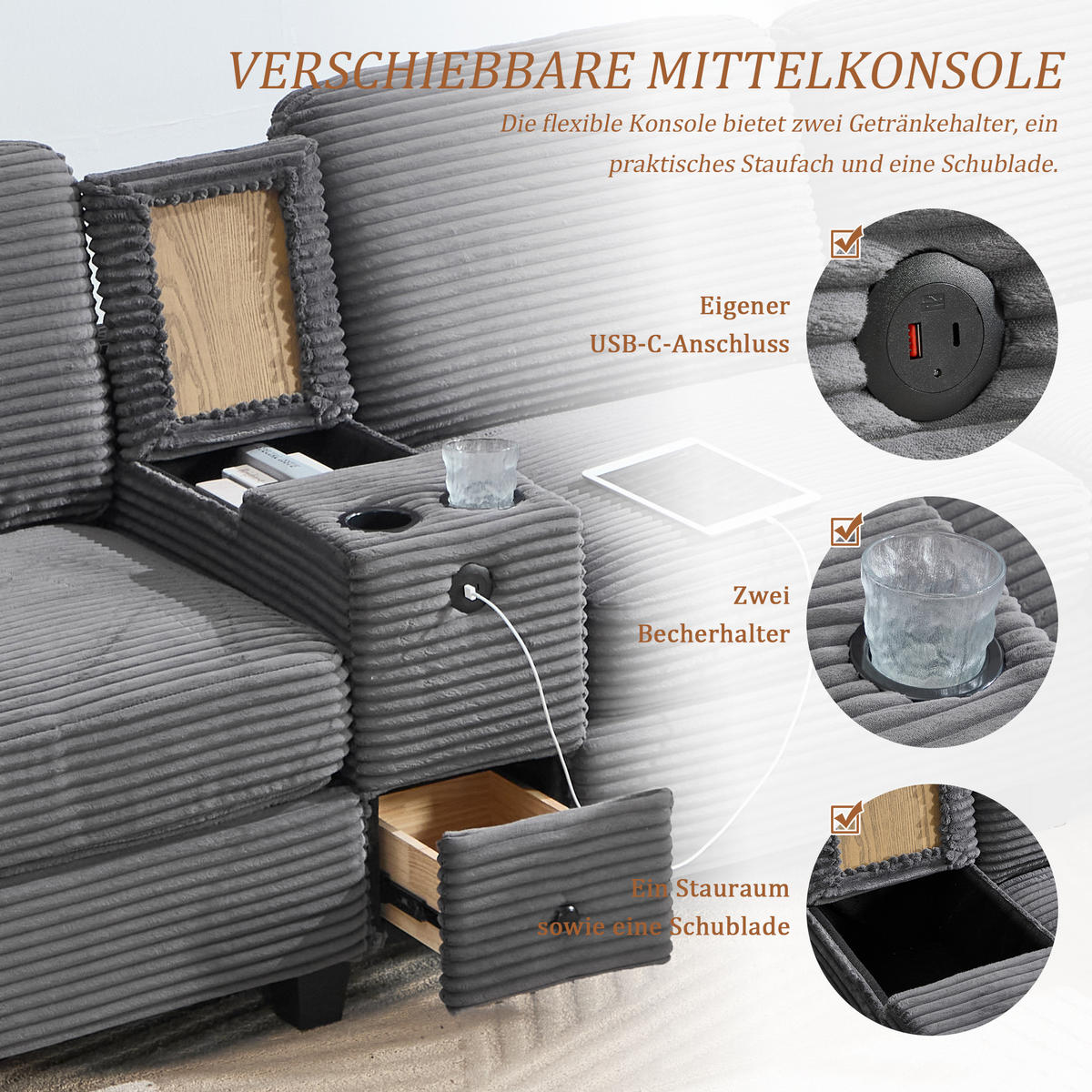 ECKSOFA Cord Dunkelgrau mit USB-C, Stauraum und mit Hocker - Dunkelgrau, Holzwerkstoff/Textil (266/136cm) - WISHDOR