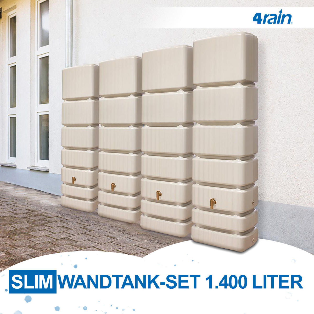 WANDTANK Komplett-Set 1400 L sandbeige 4 x 350 L inkl. Verbindungsset, Kunststoff-Auslaufhahn und Fallrohranschluss - Sandfarben, Kunststoff (270/184/39cm) - 4rain