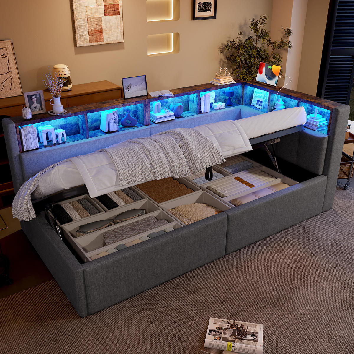 POLSTERBETT 90/200 cm Grau aus Leinen mit LED-Beleuchtung und USB- und Type-C-Anschlüssen - Grau, Textil (90/200cm) - Flora Grace