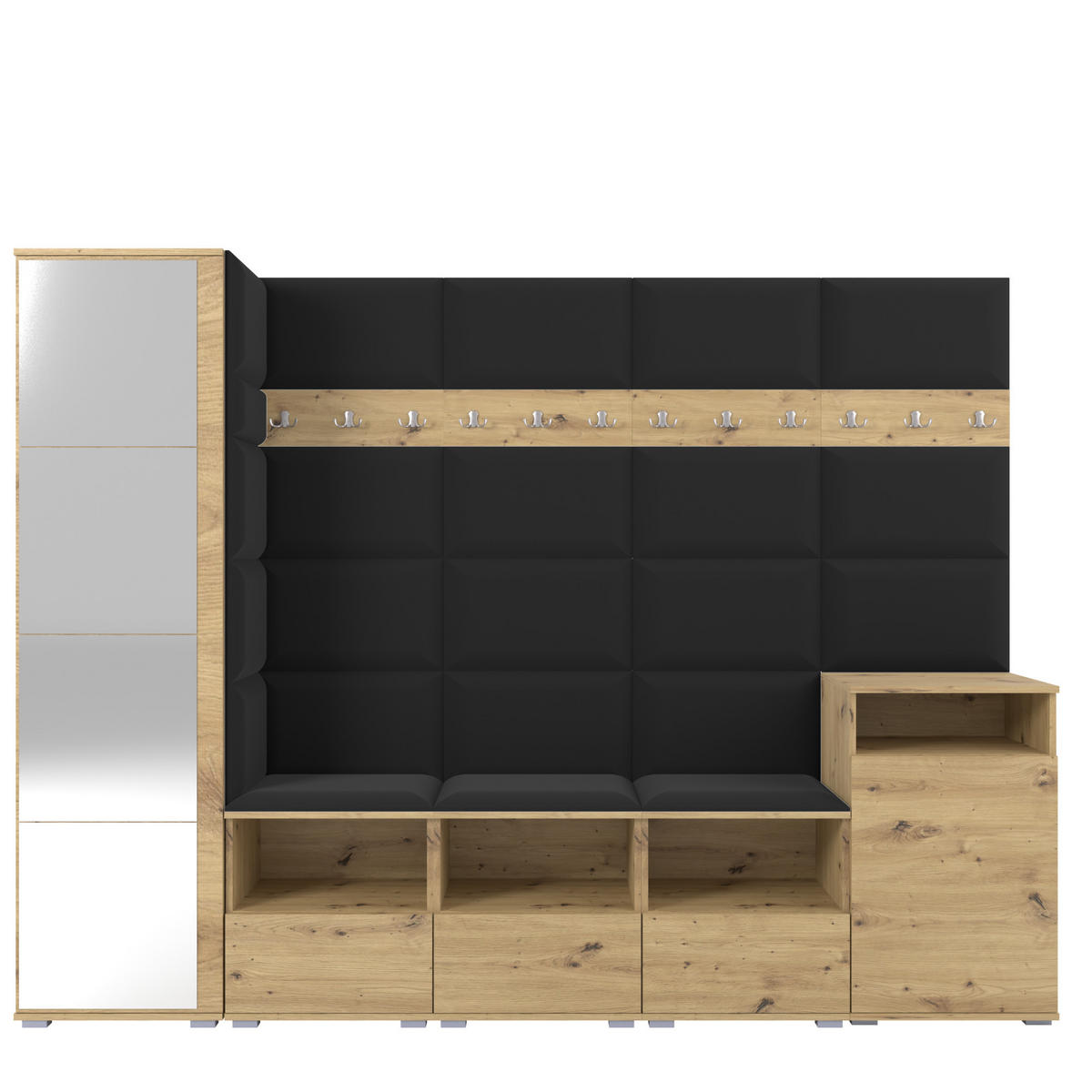 GARDEROBE NELA XI 250 cm (Modulare Flurmöbel Artisan Eiche mit Spiegel & Sitzpolster Schwarz 16 Großes Set) - Silberfarben/Schwarz, Holz/Holzwerkstoff (250/187/40cm) - Ravio