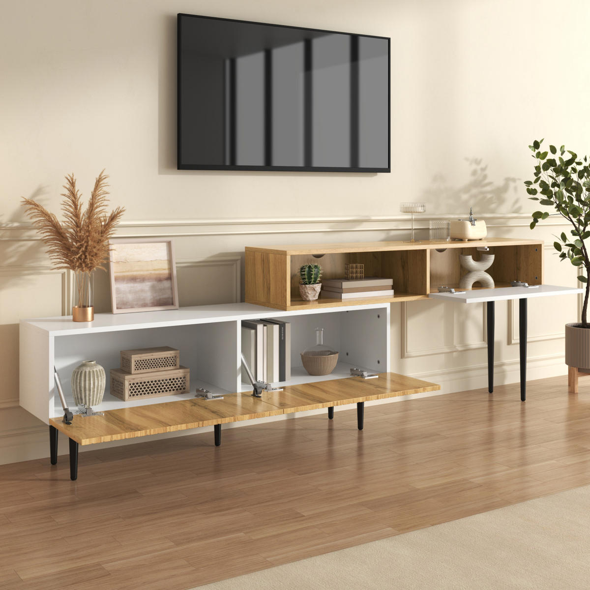 TV-SCHRANK modern in Weiß 180/35/48 cm - Eichefarben, Holzwerkstoff (220/63.5/30cm) - Redom