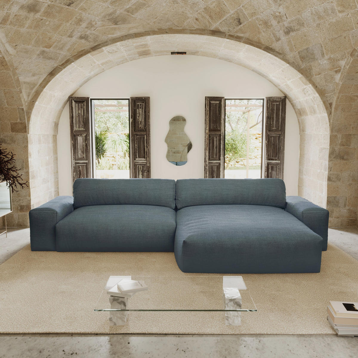 ECKSOFA RECHTS Rastergewebe mit weichem Griff Jeansblau 310cm - Blaugrau, Textil (310/174cm) - Sia Home