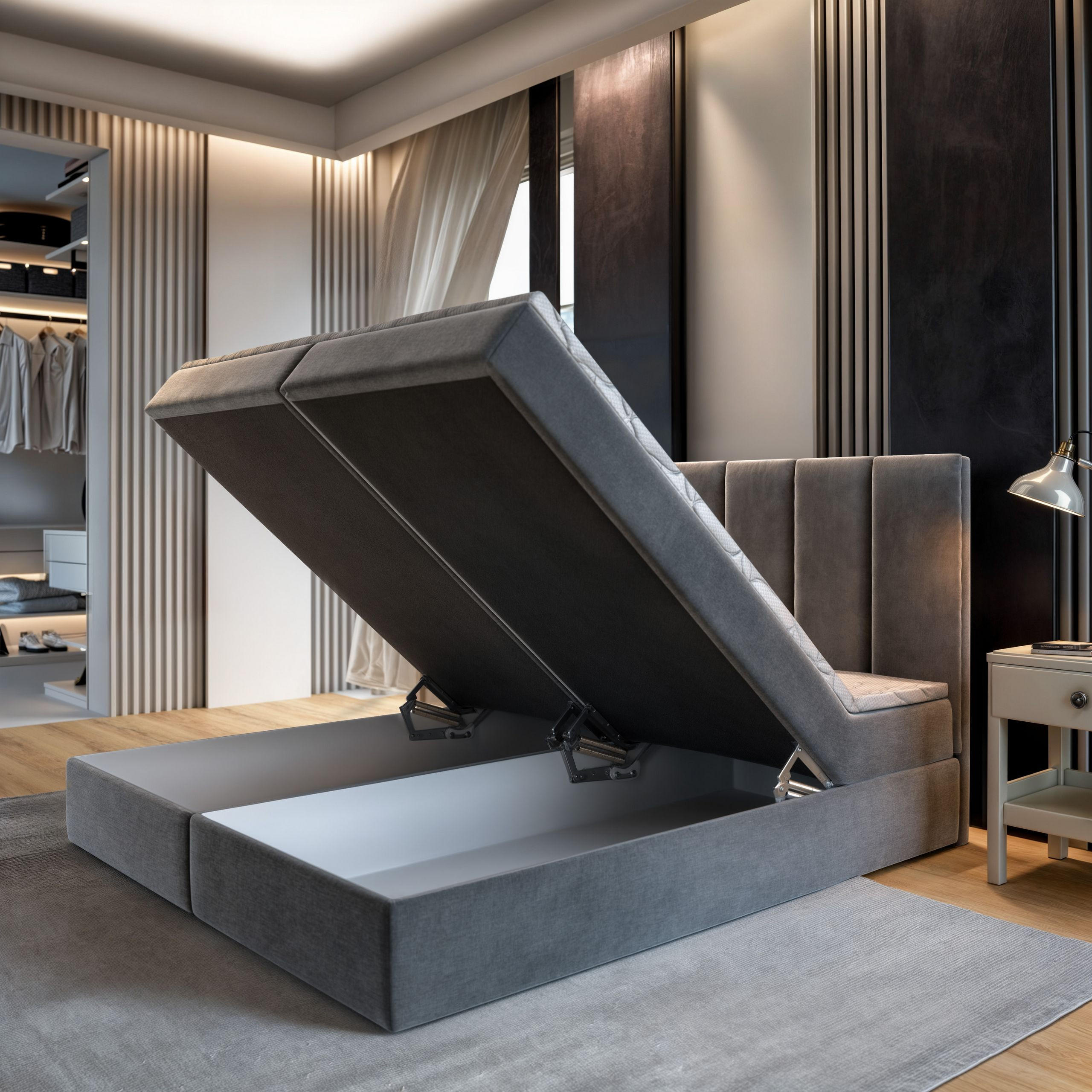 BOXBETT BARINO 180x200 cm mit Matratze und Topper - Grau - Grau, Holz (180/200cm) - MASSENO