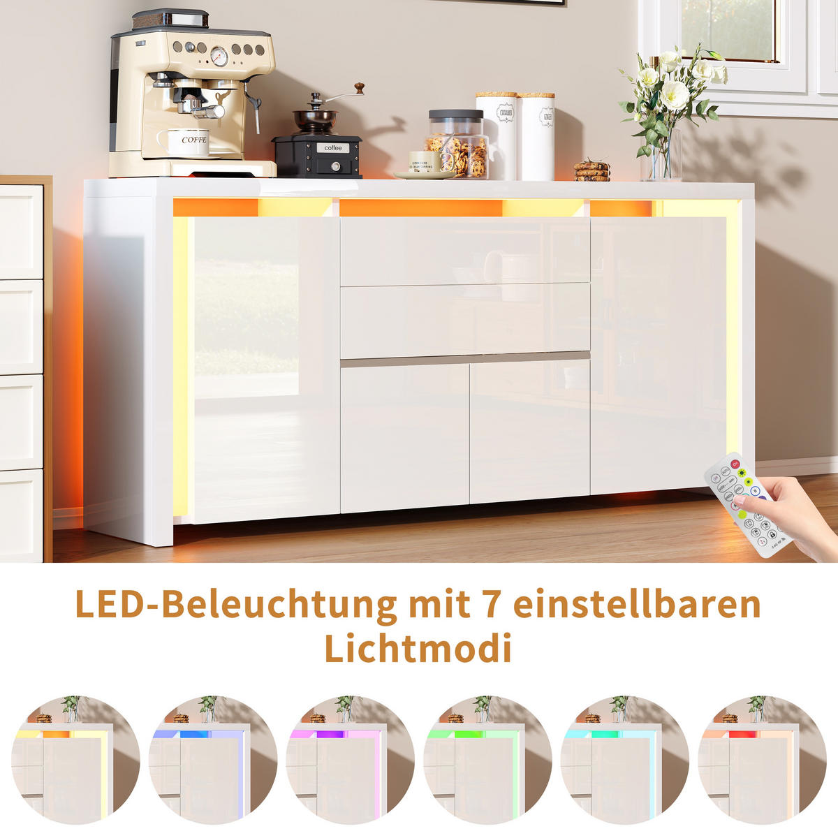 SIDEBOARD 160 cm Hochglanz mit LED, 4 Türen und 2 Schubladen, Küchenschrank mit Stauraum, Weiß - Weiß, Holzwerkstoff (160/35/75cm) - Waldena