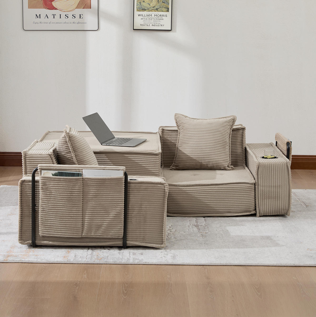 2-SITZER-SOFA 162/78/66 cm mit 2 Kissen, Seitentaschen und modularer Form, Cord Khaki - Beige, Textil (162/66/78cm) - Redom