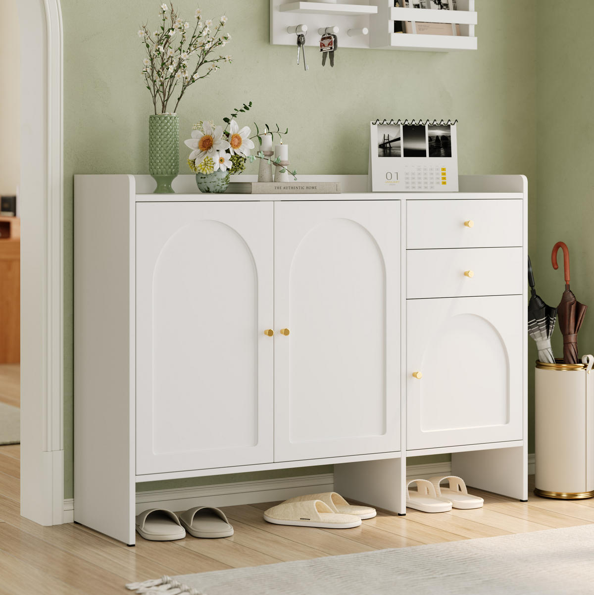 SCHUHSCHRANK 120/35/90 cm in Weiß mit 3 Türen, 2 Schubladen und Kippsicherung - Weiß, Holzwerkstoff (120/90/35cm) - Flora Grace