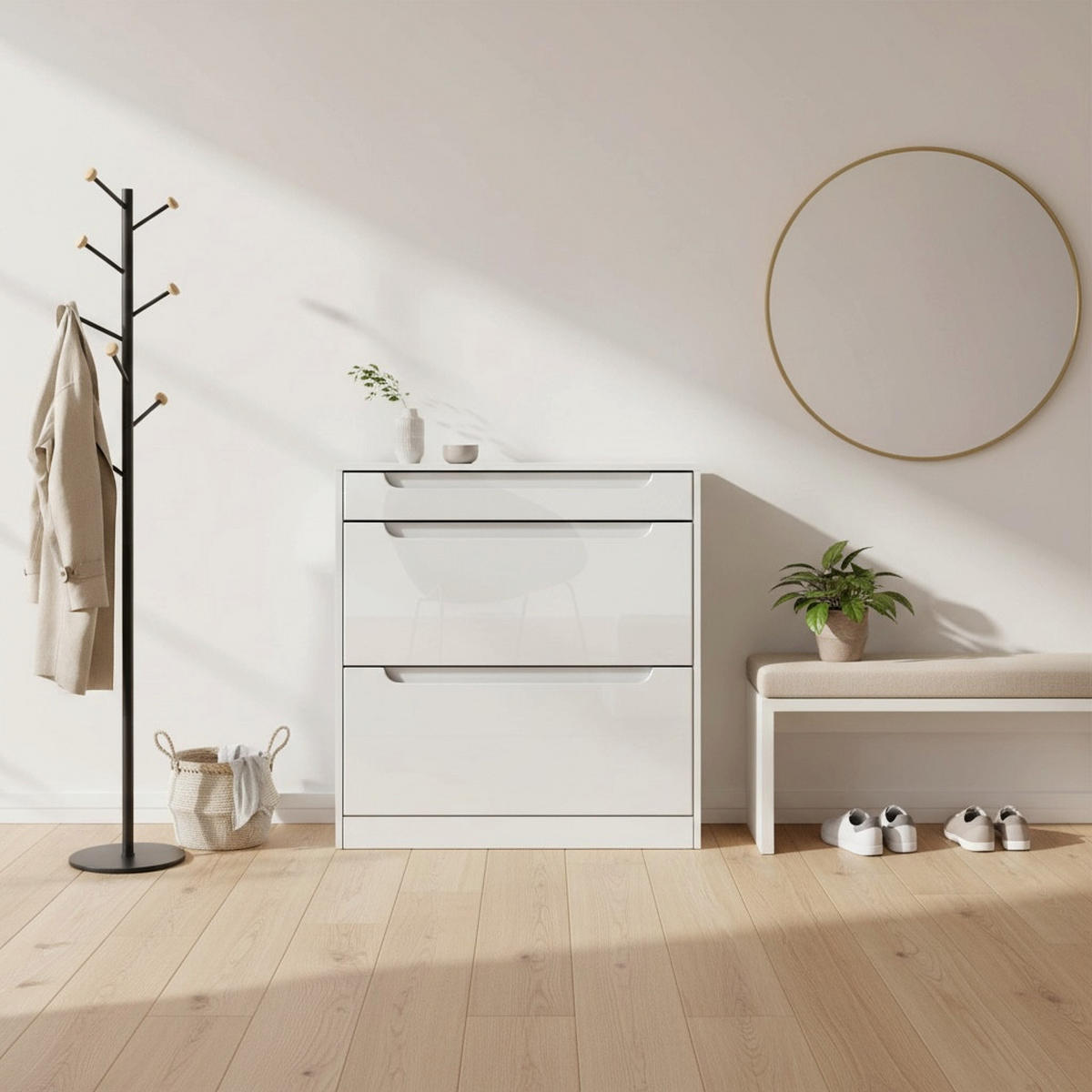 SCHUHSCHRANK Venezia Schmal mit 2 Klappen und 1 Schublade, Platzsparender Schuhkipper, Weiß Hochglanz (89 x 95,5 x 23 cm) - Weiß Hochglanz, Holzwerkstoff (89/95.5/23cm) - InnoFurn