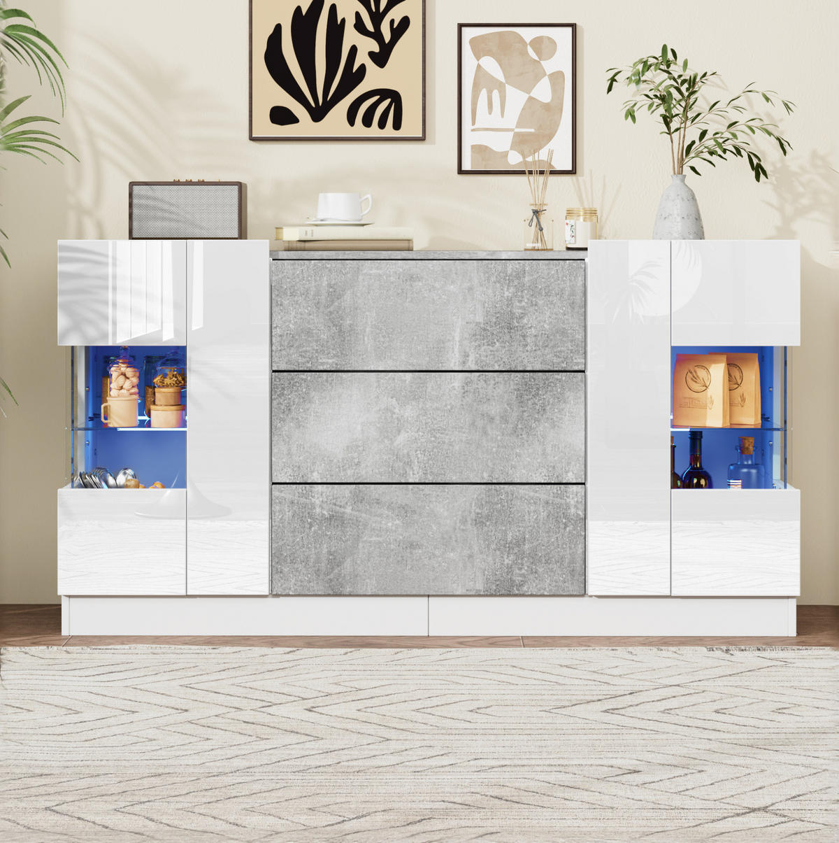 SIDEBOARD 140/35/75 cm in Weiß und Marmorlook mit 2 Türen, 3 Schubladen und LED - Weiß, Holzwerkstoff (140/75/35cm) - Flora Grace
