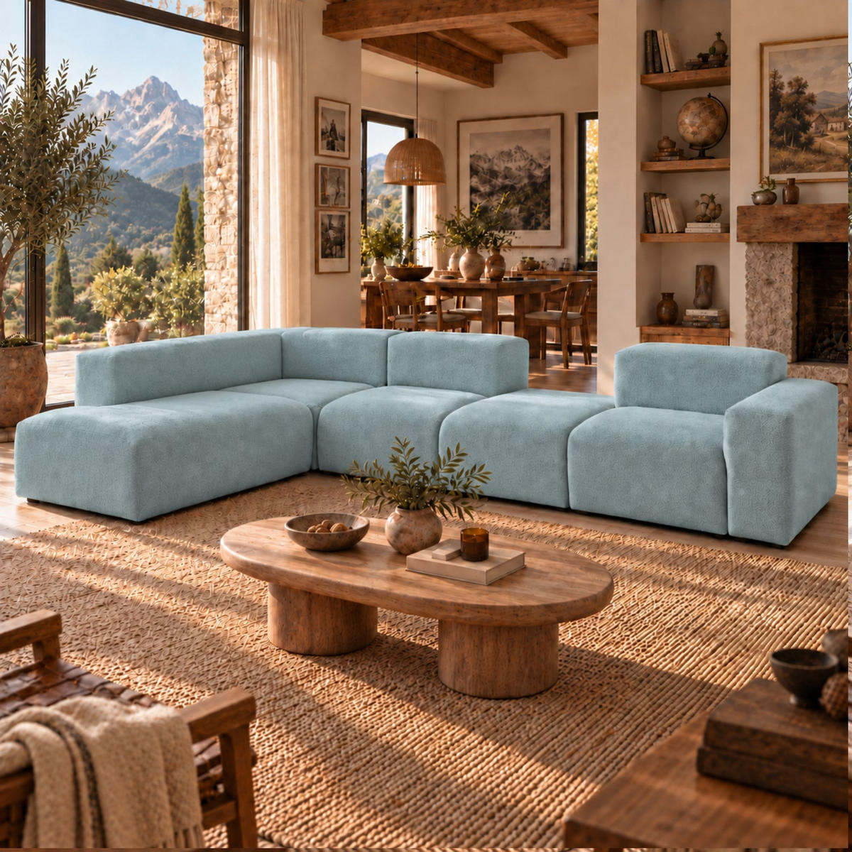 5-SITZER modulares Ecksofa HEAVEN SET 5 Rechts, Breite 380 cm Webstoff Blaugrau - Blaugrau/Schwarz, Holz/Kunststoff (245/380cm) - Muffo