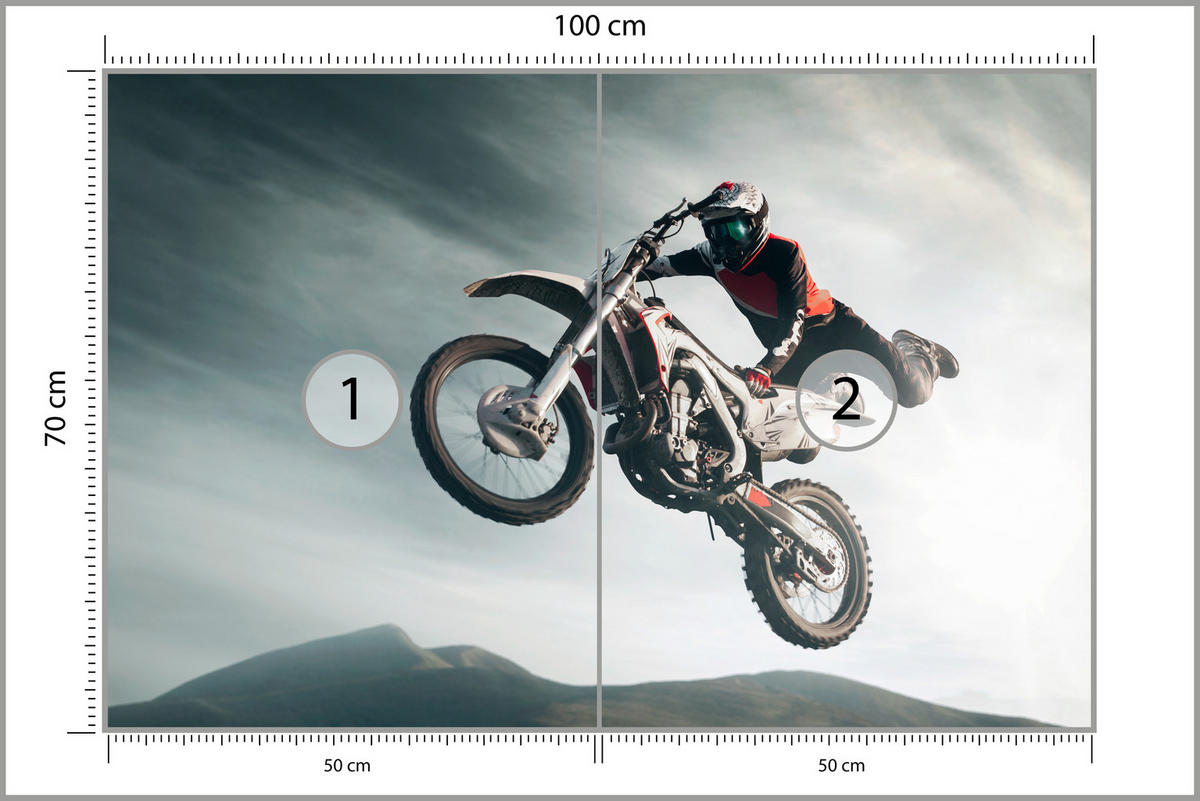 FOTOTAPETE für Jugendzimmer Motocross Sprung Mann Sport Berge Action 100x70 - Grau, Papier (100/70cm) - Muralo