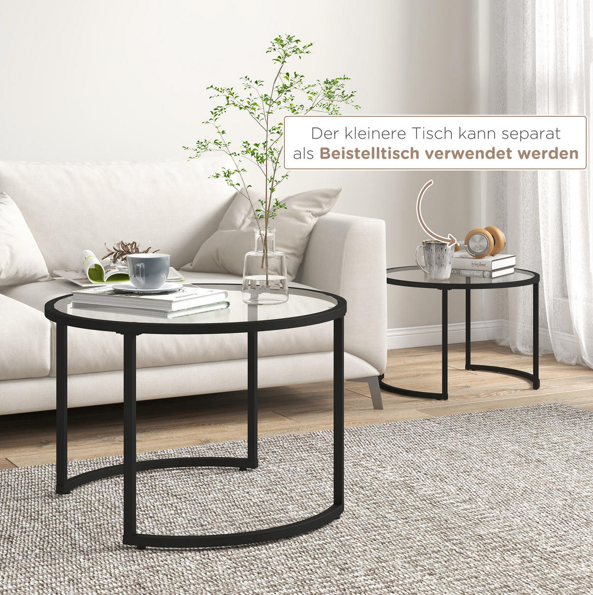 COUCHTISCH aus Stahl Ø70x47,5/Ø54x42,5 cm in Schwarz mit Hartglasplatte - Schwarz, Metall (70/70/47.5cm) - Modfu