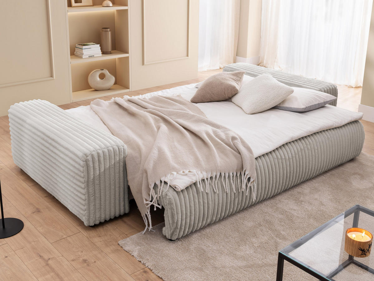 BIGSOFA Mollis Hellgrau Plüschcord mit Schlaffunktion - Hellgrau/Schwarz, Holz/Kunststoff (260/77/124cm) - S-Style Möbel