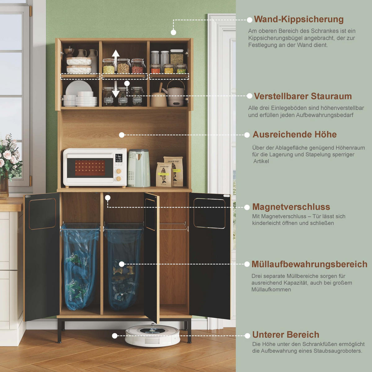 BUFFET aus MDF 35x80x181 cm Natur mit 3 Fächern, Mikrowellenablage und Stauraum - Naturfarben, Holzwerkstoff (80/181/35cm) - Modfu