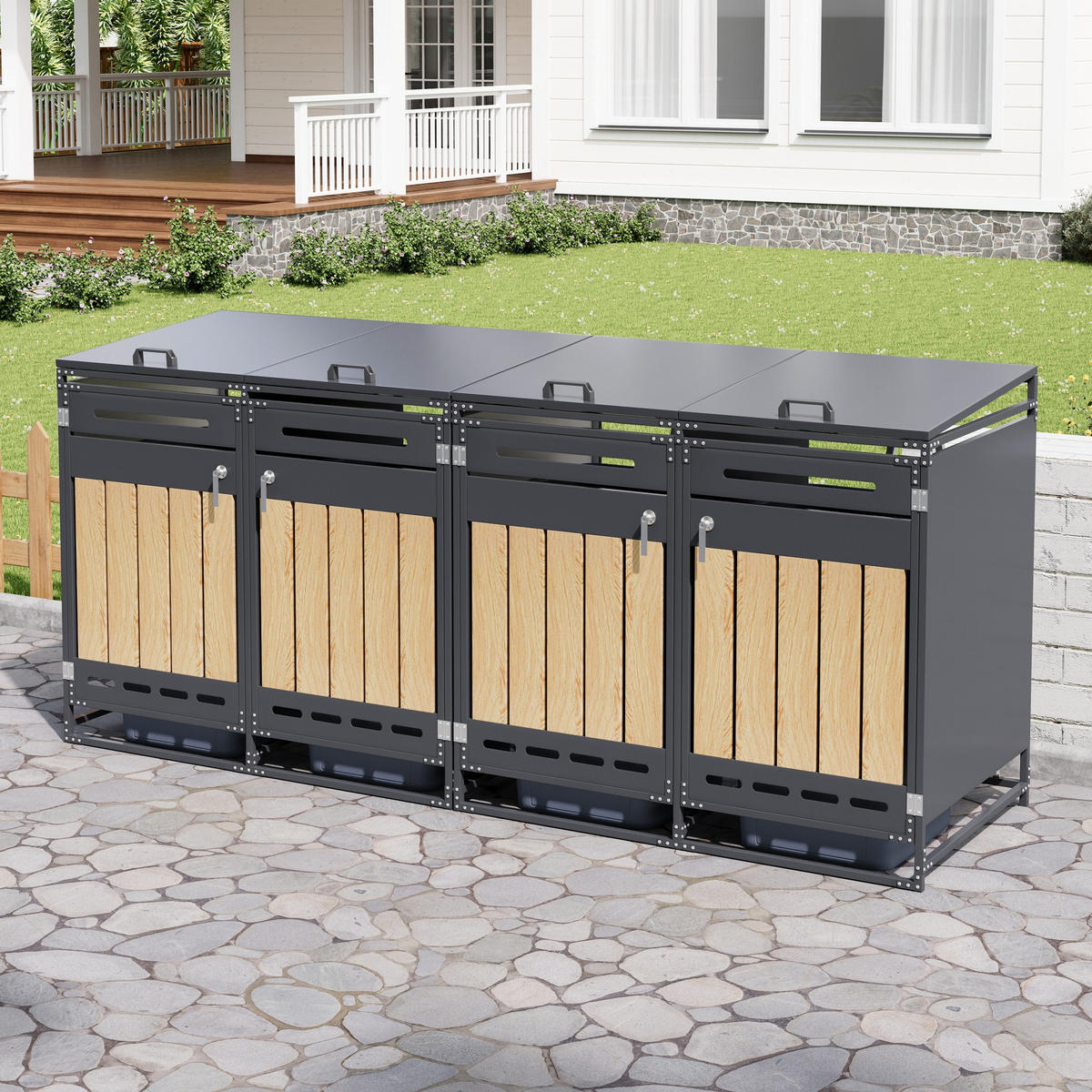 MÜLLTONNENBOX 4er Set Hydraulik Deckel Holzoptik Schloss - Schwarz, Metall (262/116/79cm) - LEBENLANG
