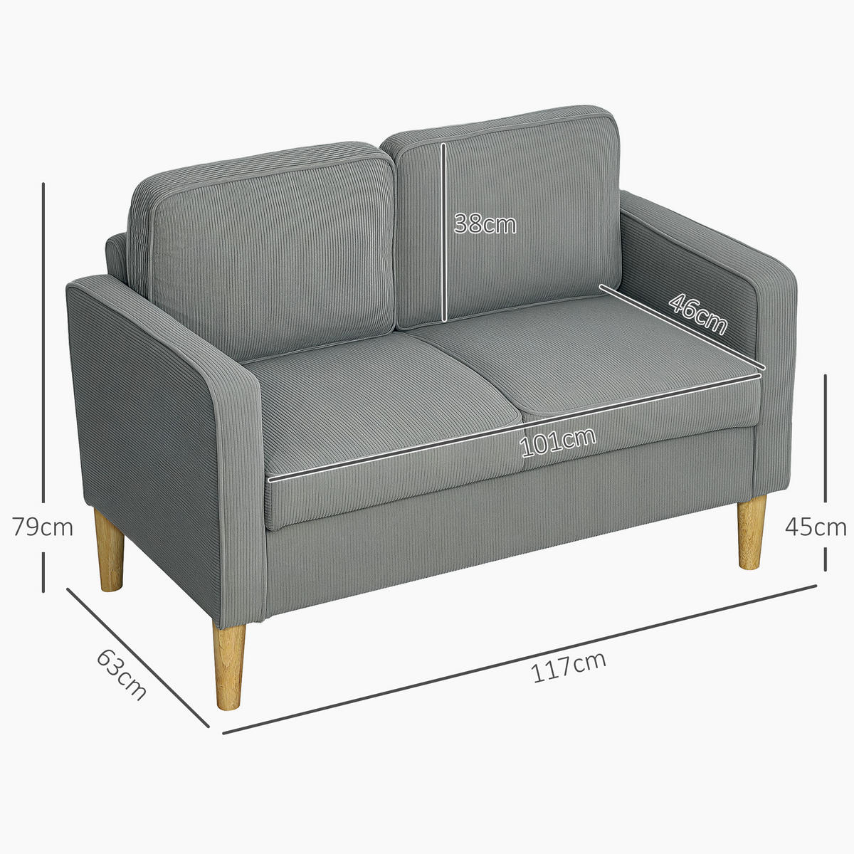 SOFA 2 Sitzer klein Couch mit Armlehne, Stauraum für Wohnzimmer, Hellgrau - Hellgrau/Naturfarben, Holz/Textil (63/79/117cm) - HOMCOM