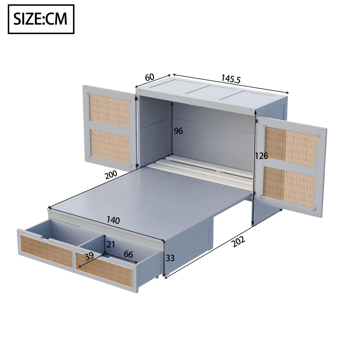 ZIDNI krevet od drva 140x200 cm sivi sa spremišnim ladicama, rotirajućim vratima 270° i ratan detaljima - siva, drvni materijal (135/190cm) - Modfu