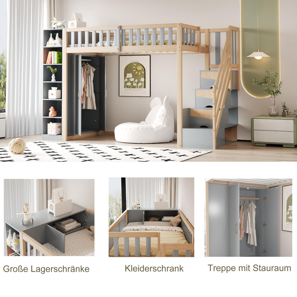 HOCHBETT 90/200 cm in Grau & Natur Kinderbett mit Regalen, Kleiderschrank und Schubladen - Naturfarben/Grau, Holz/Holzwerkstoff (90/200cm) - STILVORA
