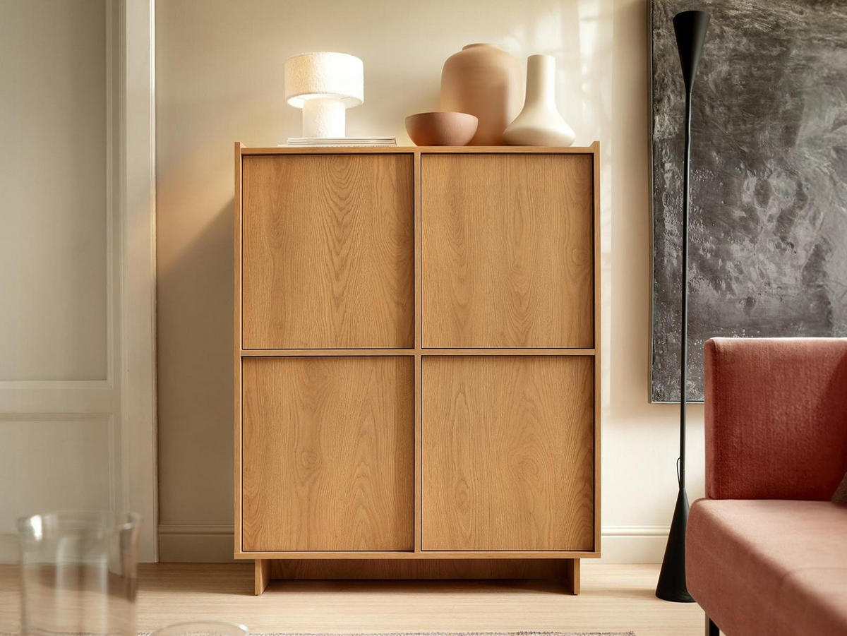 SUNA Highboard Japandi Design Kommode Eiche Caramel grifflos 124 cm hoch - Braun, Holzwerkstoff (98/124/39cm) - Bettso