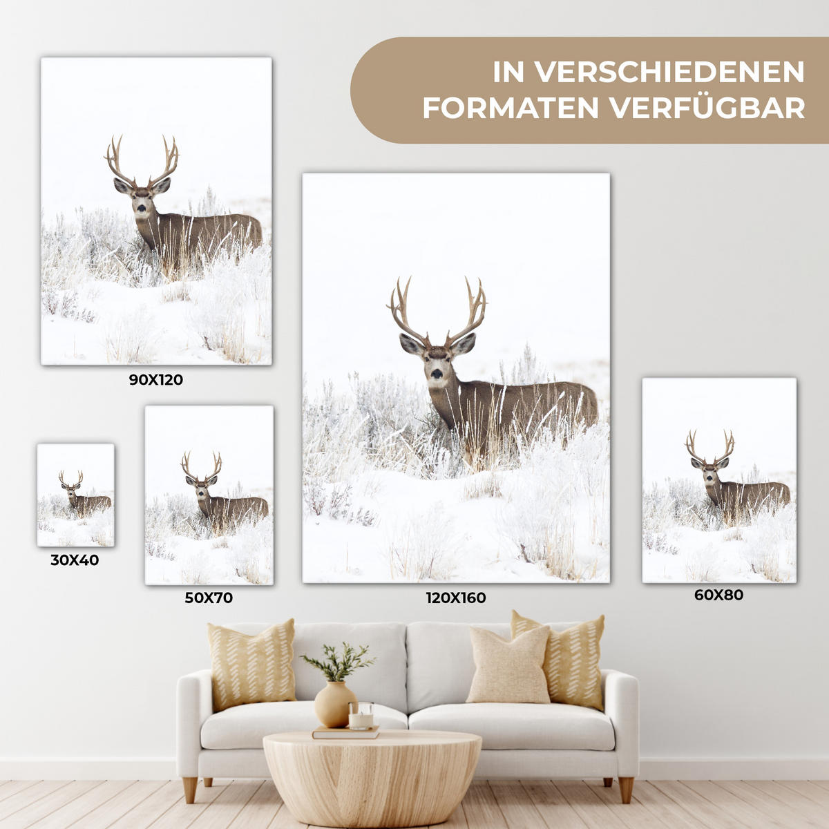 LEINWANDBILD Hirsche - Winter - Schnee - Tiere - Jahreszeiten - Weiß 60x80 cm - Hellbraun, Textil (60/80cm) - MuchoWow