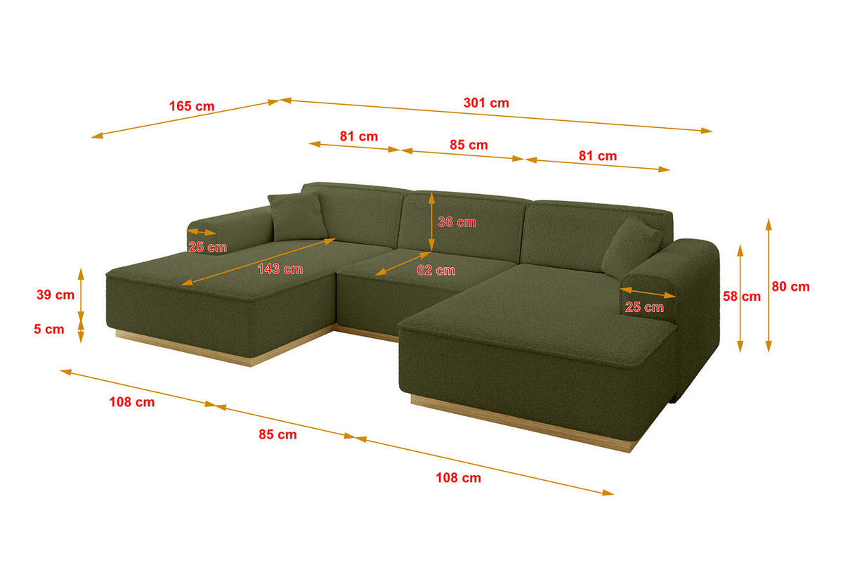 WOHNLANDSCHAFT IREA-U1-v2 - 301x165x80 cm Grün - Platinfarben, Holzwerkstoff/Textil (301/80/165cm) - ALTDECOR