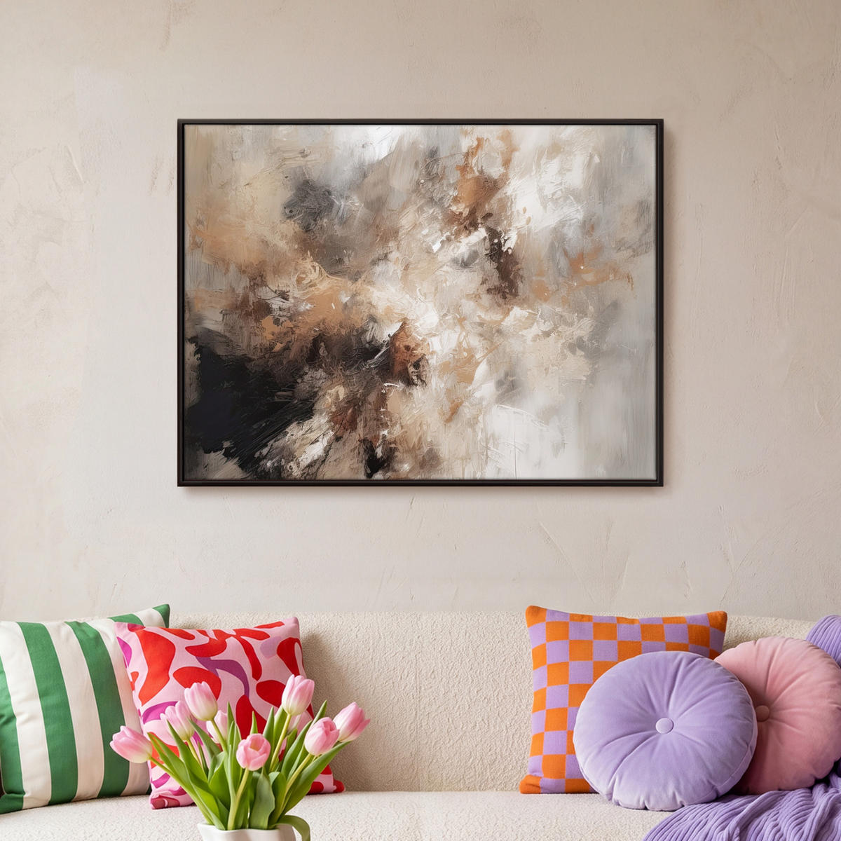 LEINWAND Bilder mit Rahmen - Farbe - Abstrakt - Beige - Kunst - 70x50 - Greige, Textil (70/50cm) - MuchoWow