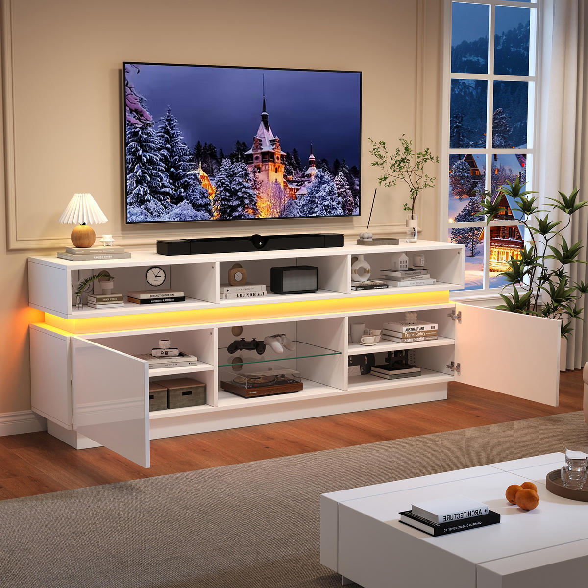 TV STOLEK TV skříňka s LED osvětlením, vysokolesklými čely a skleněnou policí do obývacího pokoje Bílá 160 x 35 x 60 cm - bílá, kompozitní dřevo/sklo (160/60/35cm) - EVRYAE