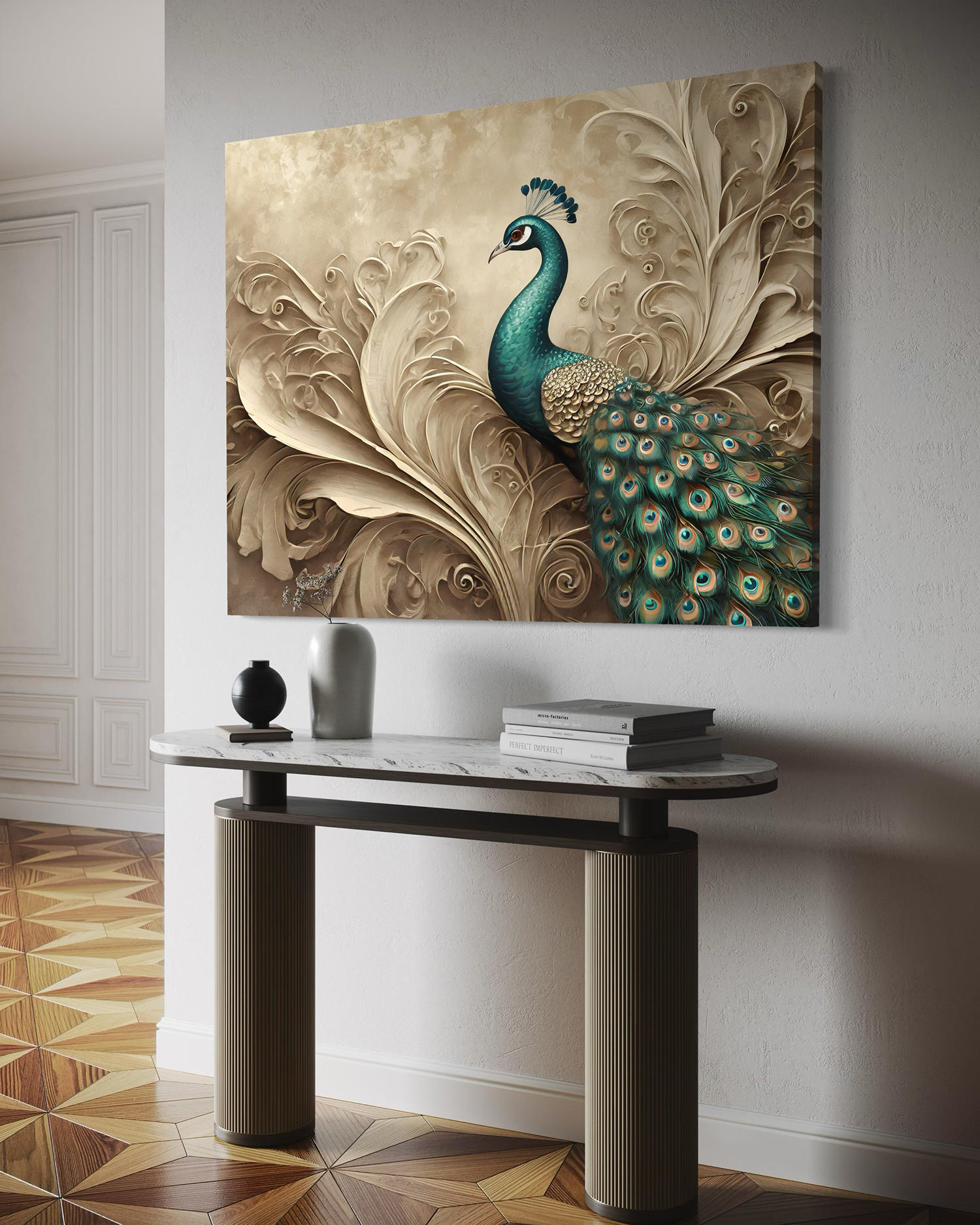 WANDBILD pfau vogel tiere beige - Beige, Textil (60/40cm) - Feeby