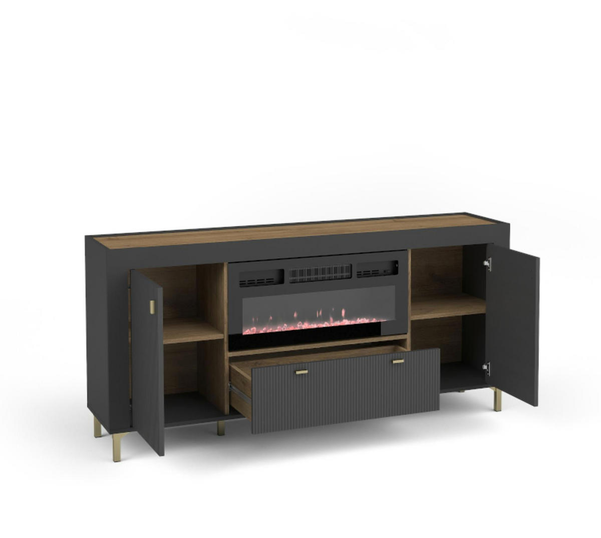 KOMMODE mit Kamin Mossa Schwarz, Zweitürige Kommode mit Schubladen und LED - Goldfarben/Schwarz, Holzwerkstoff (177/84/40cm) - Bettso