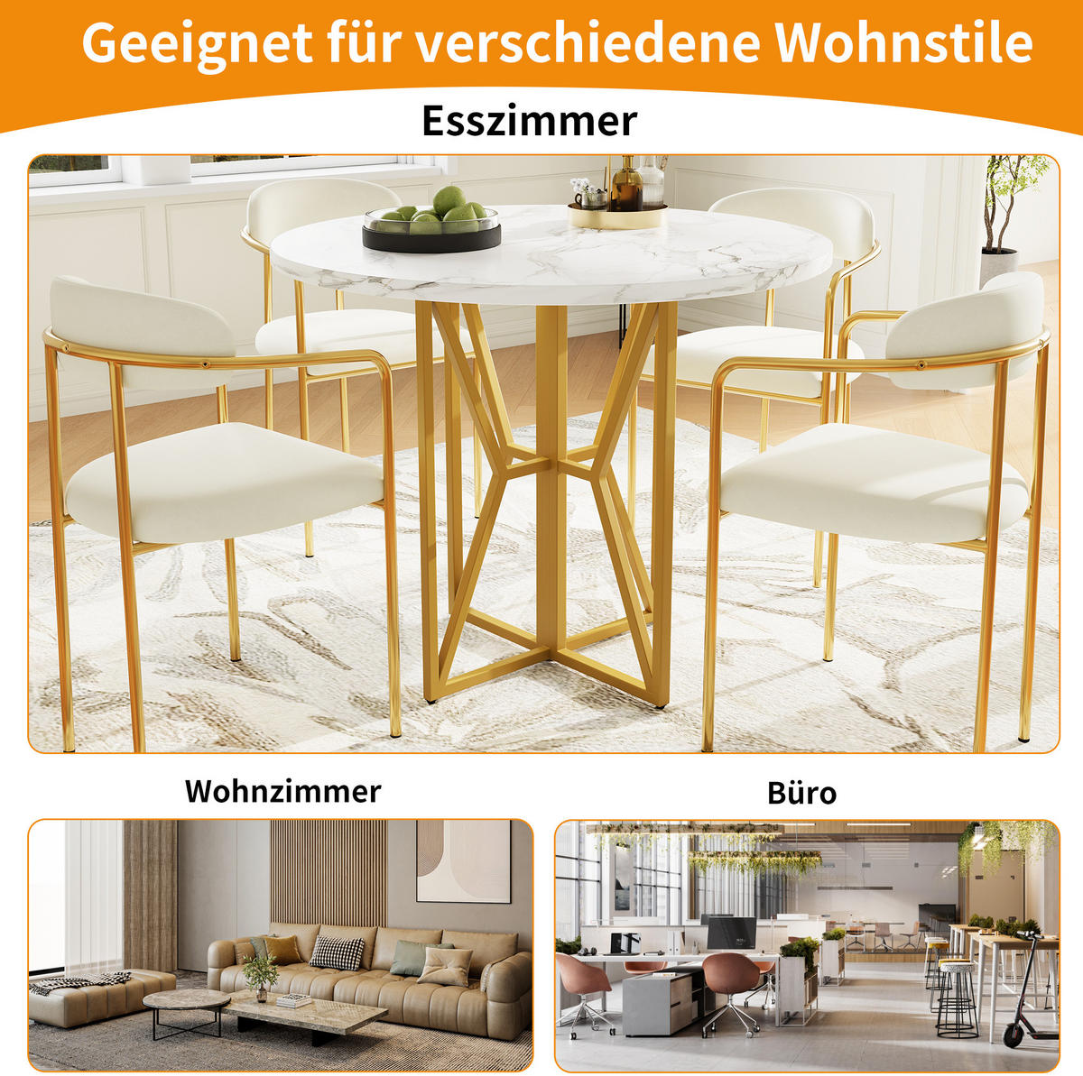 ESSTISCH rund 80 x 80 x 76 cm MDF Marmordekor Metall Golden - Goldfarben, Metall (80/80/76cm) - Meubliv