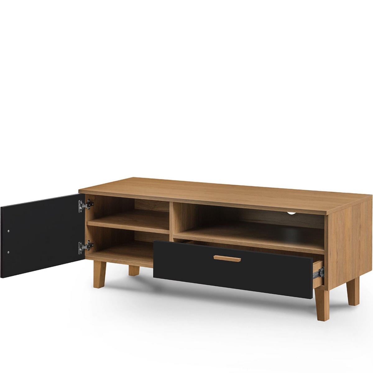 LOWBOARD FRISK TV-Schränke mit Schublade und Türe, schwarz - Schwarz, Eichenholz/Holzwerkstoff (126/49/46cm) - KONSIMO®