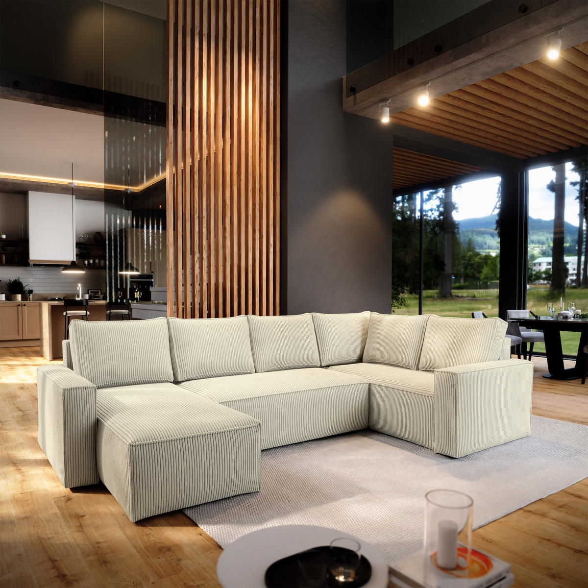 WOHNLANDSCHAFT NORENA R-S Creme Kordstoff mit Schlaffunktion - Creme, Holz (295/85/157.5cm) - MASSENO