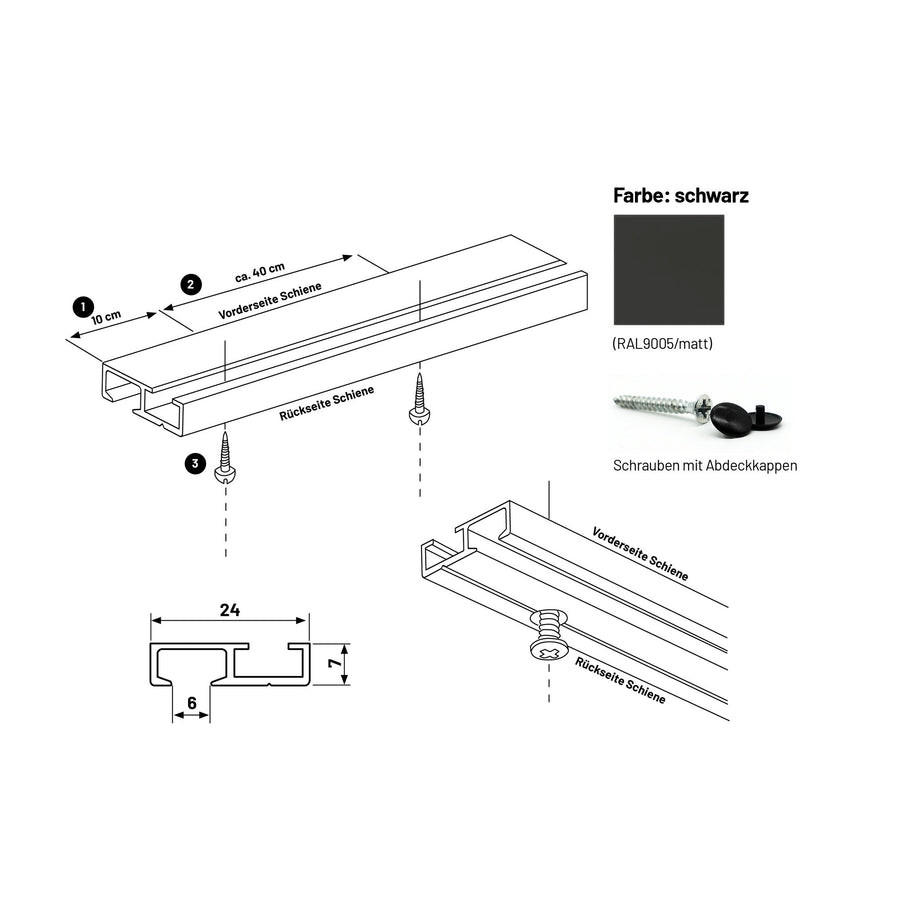 GARDINENSCHIENE auf Maß 1-lauf Deckenmontage Minimal 250cm - Schwarz, Metall (250cm) - Deco-Raum