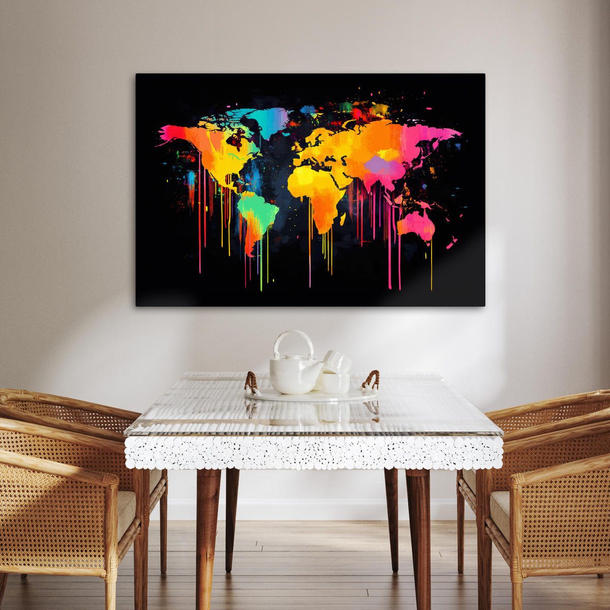 LEINWANDBILD Weltkarte - Farbe - Bunt - Graffiti - Welt Wohnzimmer 120x80 cm - Multicolor, Textil (120/80cm) - MuchoWow