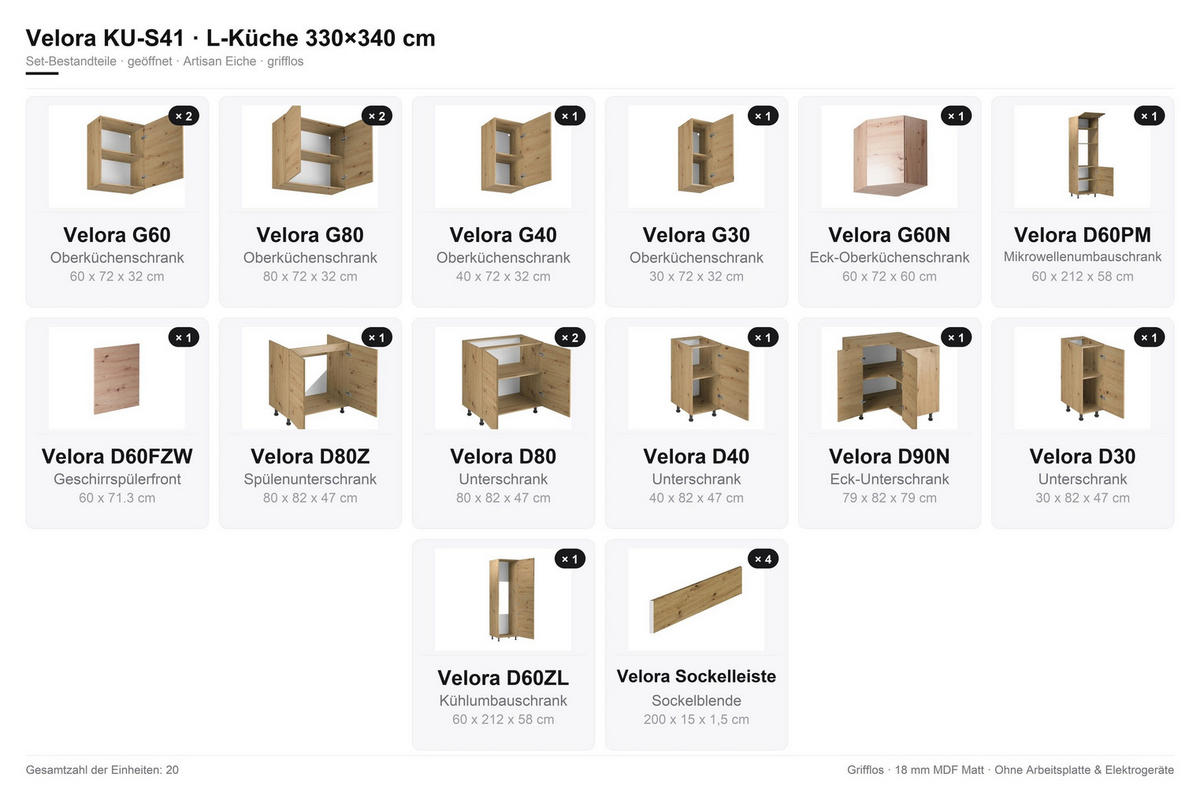 WINKELKÜCHE 330 x 340 cm VELORA – KU-S41 – Eiche Artisan - Eiche Artisan, Holzwerkstoff (330/212/340cm) - hi-markt