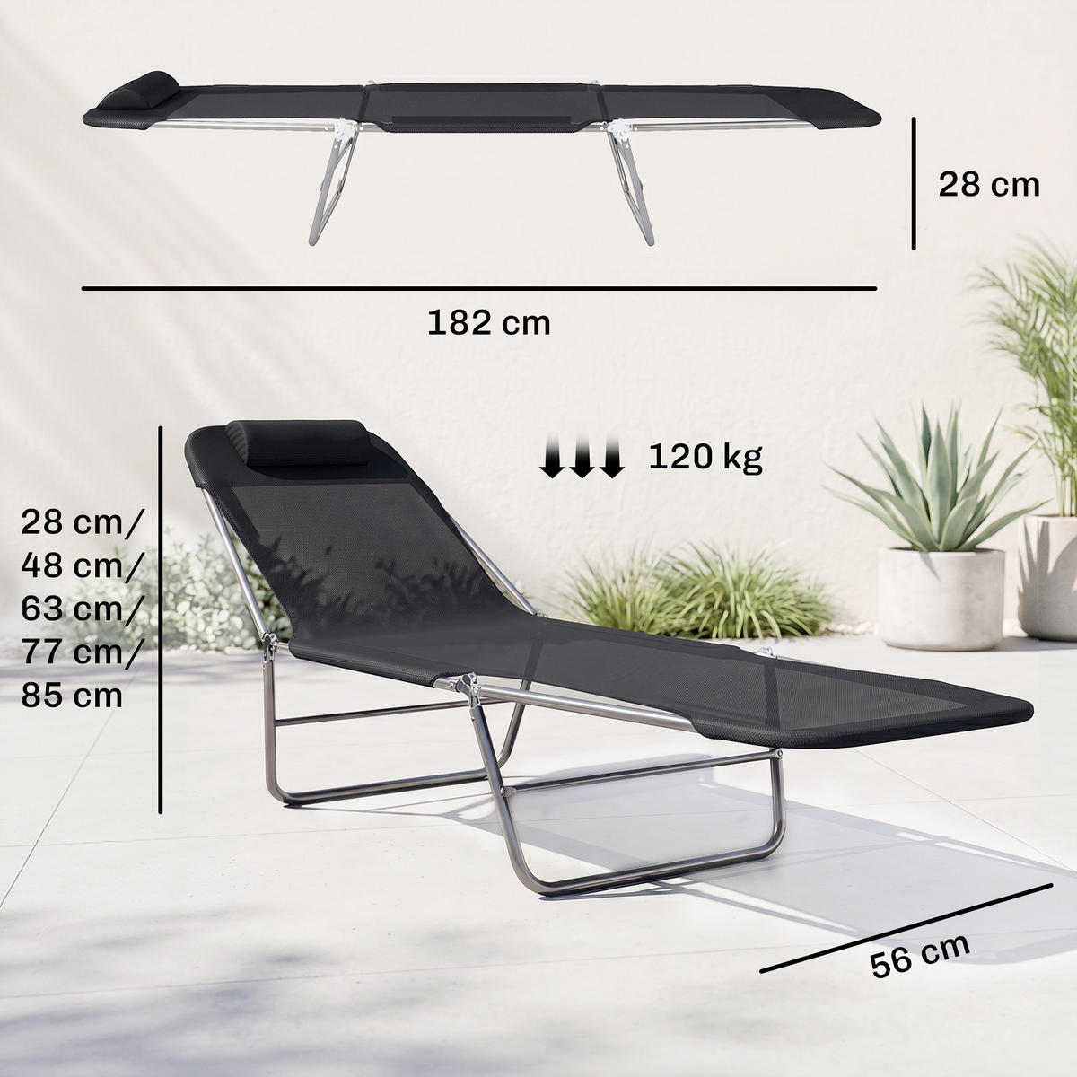 SONNENLIEGE klappbar Gartenliege mit Kopfkissen 5-Fach Campingliege 120kg Schwarz - Schwarz, Metall (182/28/56cm)