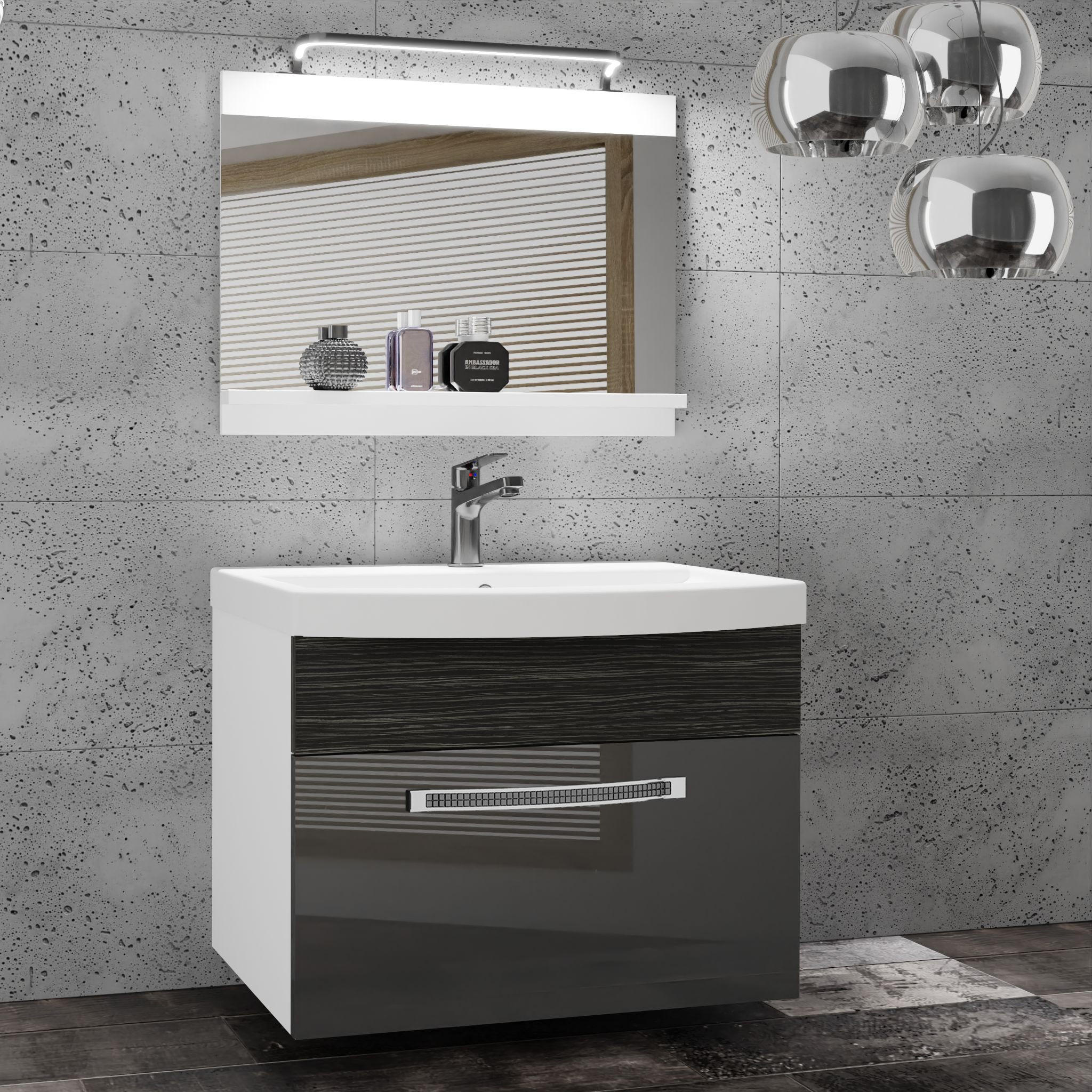 BADMÖBEL Badezimmer Silber / Ebenholz Royal, Glänzend und Matt - Silbereichenfarben, Holz (60/51/40cm) - B BELINI GROUP