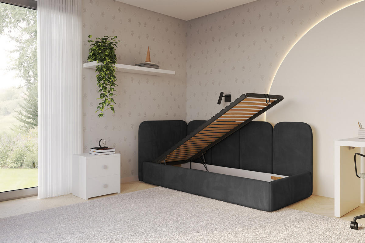 EINZELLBETT Jugendbett mit Bettkasten und Matratze H3/H4, Rechts - VELY 80x200 Schwarz - Anthrazit, Holzwerkstoff/Textil (80/200cm) - ALTDECOR