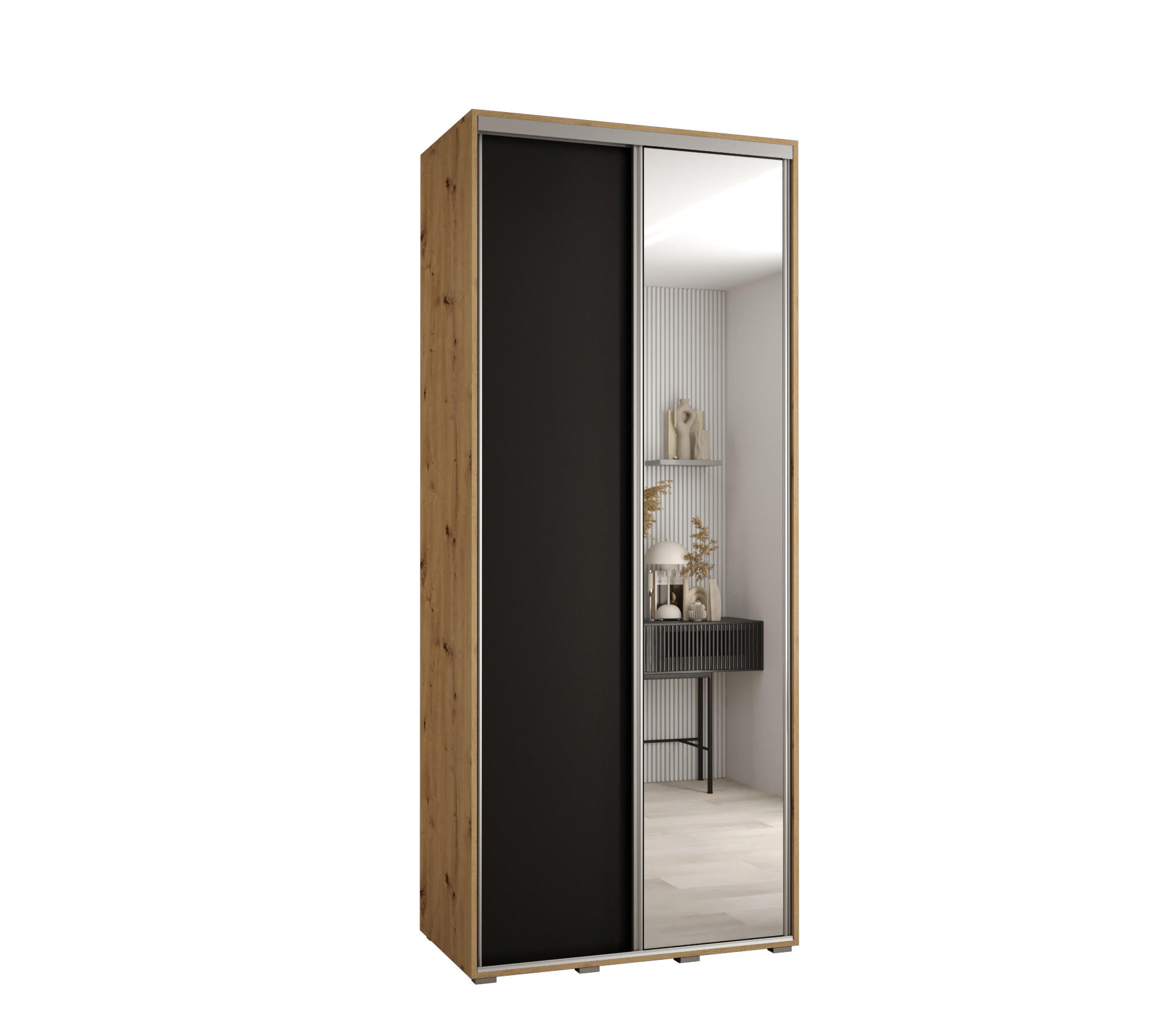 Abiks Möbel Schwebetürenschrank Eiche Artisan, Schwarz, Silber 110x235x60 cm